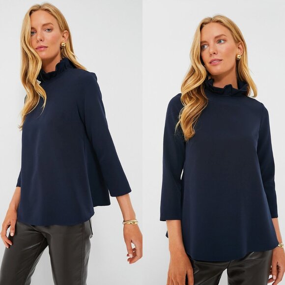 Tuckernuck NEW Navy Faye Preppy Bow Ruffle Collar 3/4 Sleeve Blouse Size XS - Picture 3 of 9
